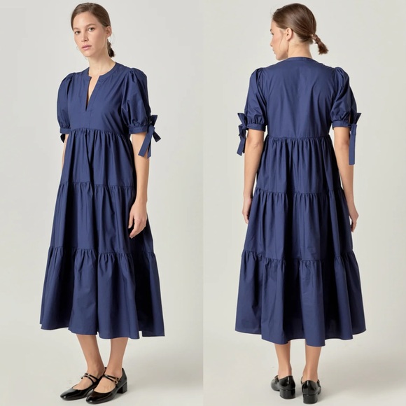English Factory TIERED MIDI DRESS WITH BOW-TIE SLEEVES - Picture 1 of 13